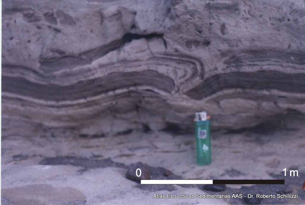Deformación por presión y desplome - Fotografía: Roberto Schillizi y Liliana Luna | Fm. Río Negro (Mioceno medio-Plioceno inferior).  Río Negro acantilados) (ver Schillizi et al. 2008)